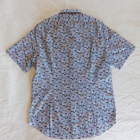NWT Saks Fifth Ave novelty graphic mushroom print slim fit SS button camp shirt - Picture 10 of 16